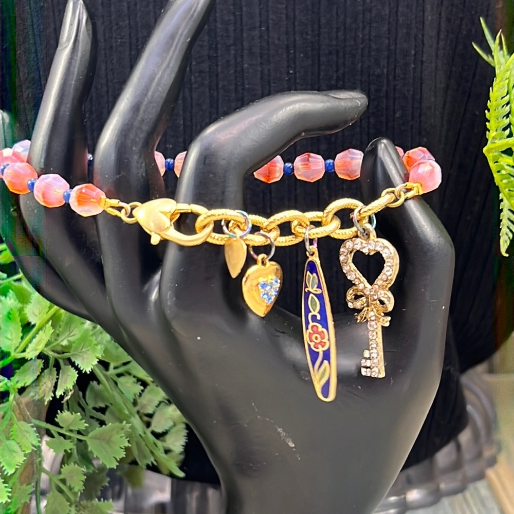 ⭐️Adorned Crown Jewelry artisan assemblage heart key cloisonné pink bracelet